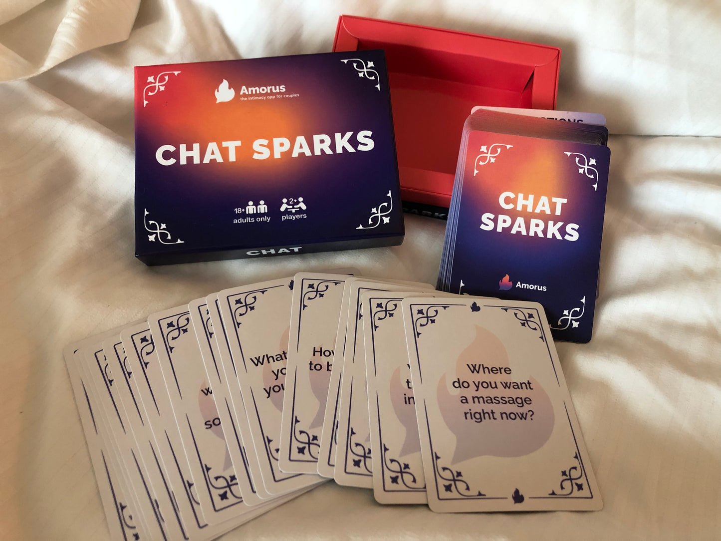 Image of box and Chat Sparks card including question "where do you want a massage right now?"